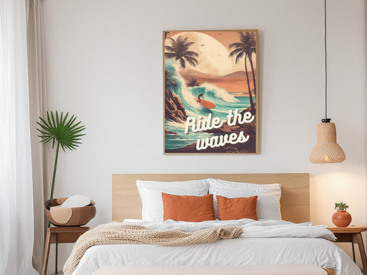 Affiche de surf tropical, art mural de surf vintage, décor de plage, impression Ride the Waves, téléchargement instantané, palmiers de l’océan tropical, cavalier de vagues