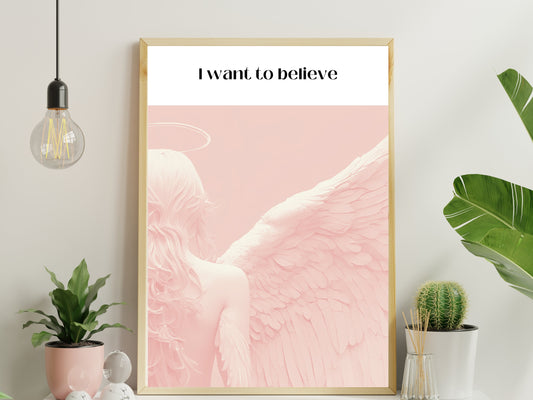 Angel Wings Wall Art, Inspirational Quote Poster, Pink