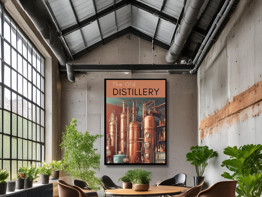 Impression d’art de distillerie vintage, affiche d’alambic en cuivre, décor de bar à domicile, art mural industriel chic, impression de cuisine, tenture murale de brasserie rétro