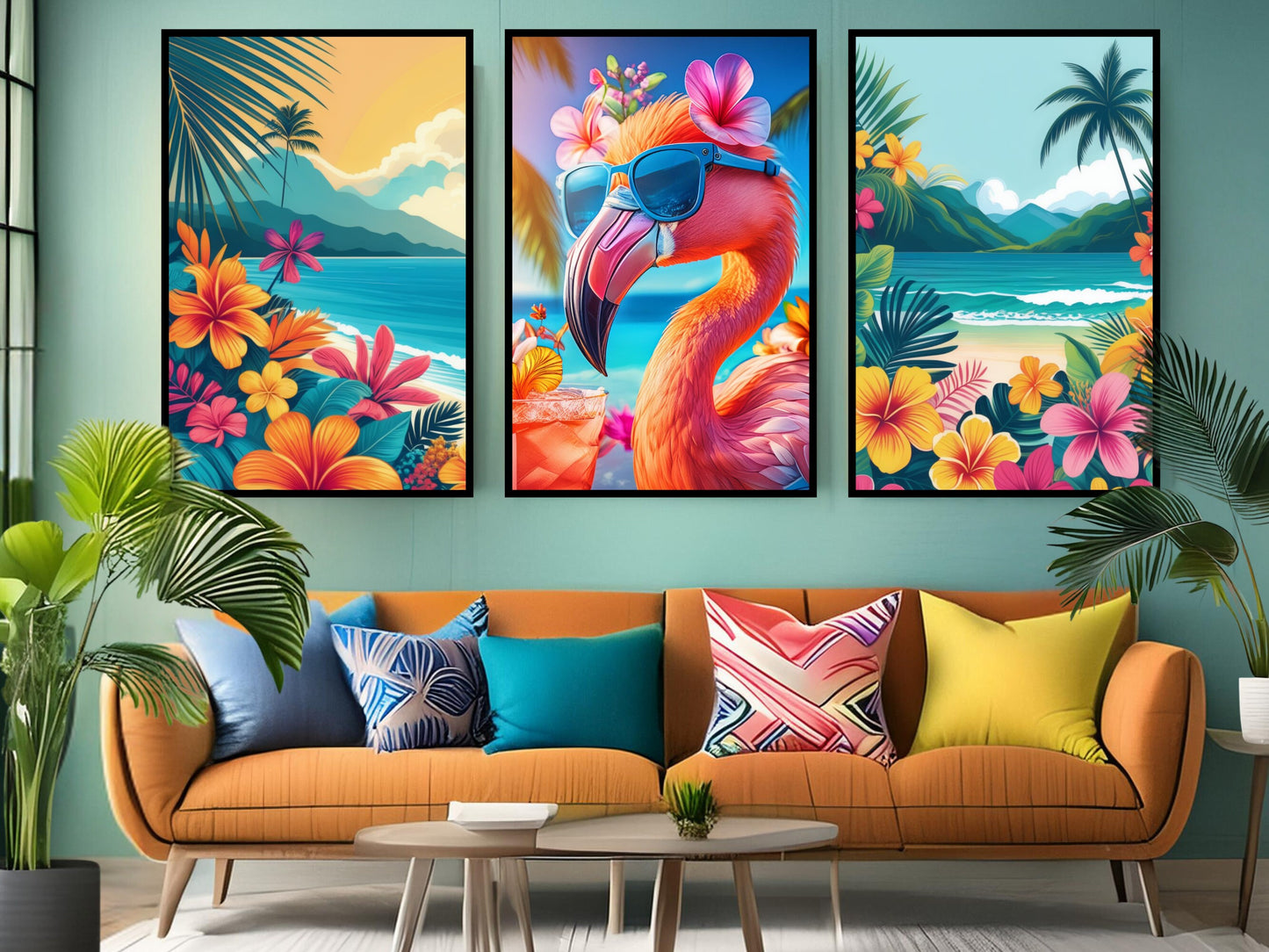 Tropical Flamingo Wall Art, Cool Flamingo Art Prints, Beach Decor Set of 3 Printable Art