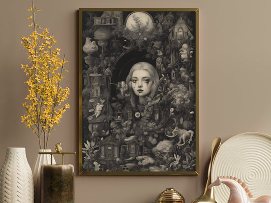 Dark Eccletic Fantasy Art Print, Gothic Girl Surreal Fantasy World, Moody Home Decor