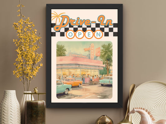 Art mural Drive-in vintage années 50, Affiche numérique de voitures classiques & Rétro