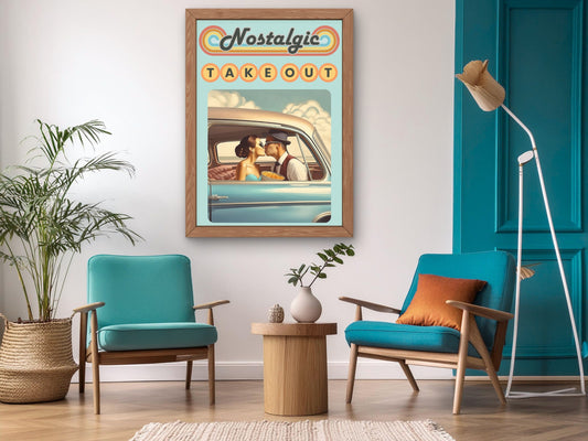 Poster vintage de take-out, Couple rétro baiser voiture classique, affiche d’amour vintage