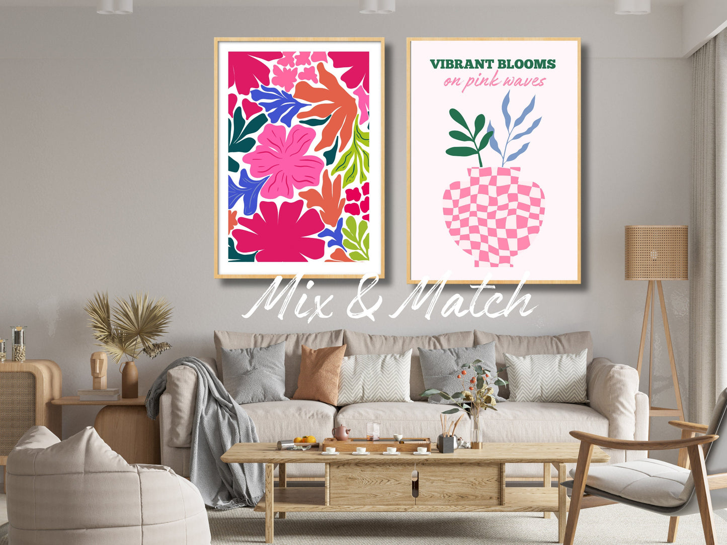 Fleurs vibrantes sur des vagues roses : dames ondulées rétro de style Matisse, art mural maximaliste, décor Boho Chic, impression numérique rose et blanc audacieux