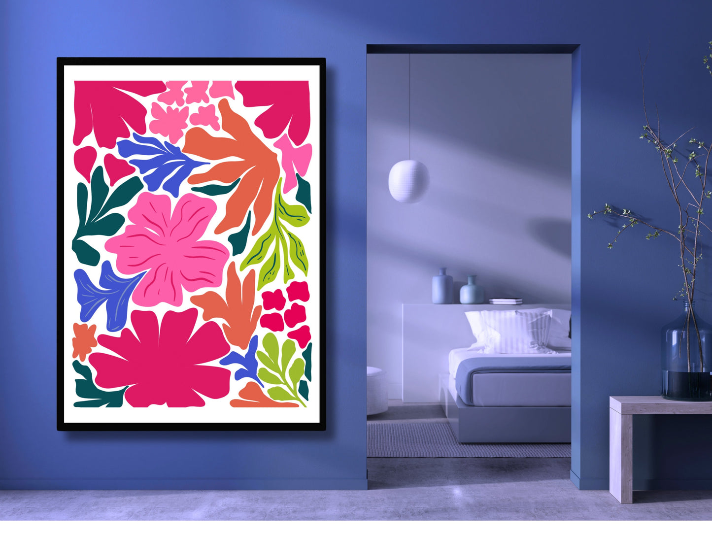 Rosy Rebellion: Vibrant Pink Floral Explosion, Maximalist Boho Wall Art