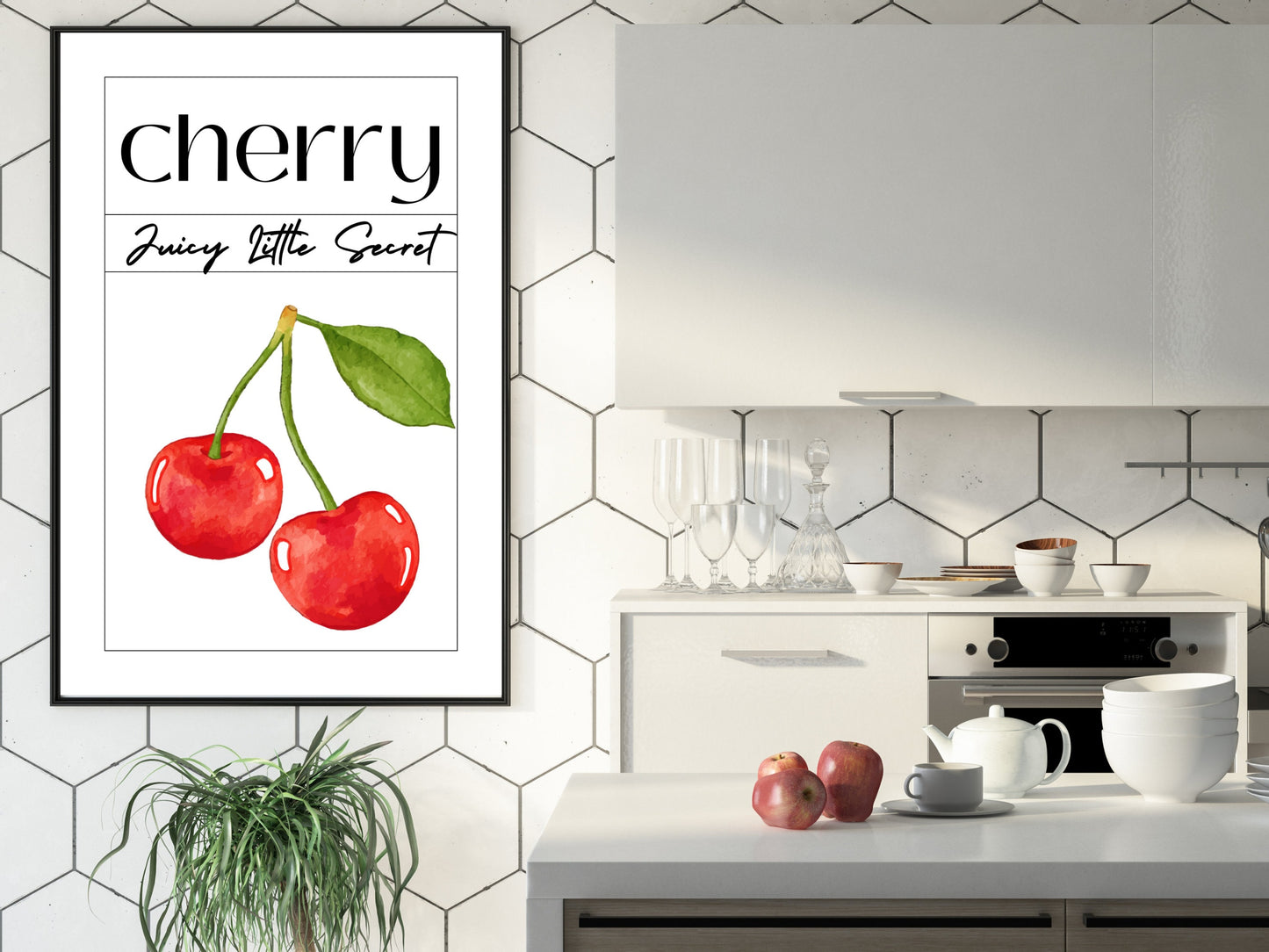 Cherry Print : Juicy Little Secret – Un art mural minimaliste et esthétique, affiche pour décoration de cuisine, embrassant la douceur des tendances estivales