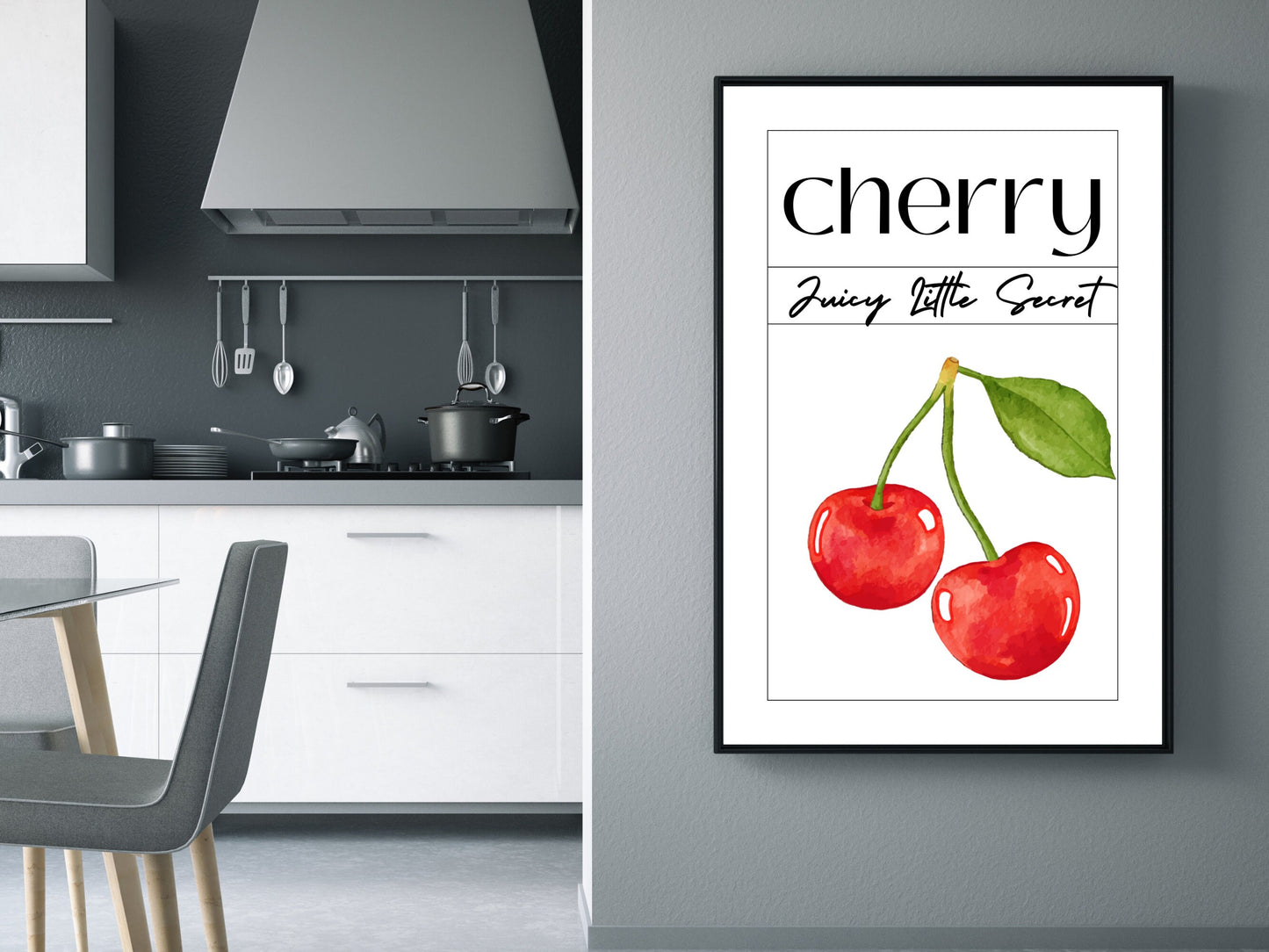 Cherry Print : Juicy Little Secret – Un art mural minimaliste et esthétique, affiche pour décoration de cuisine, embrassant la douceur des tendances estivales