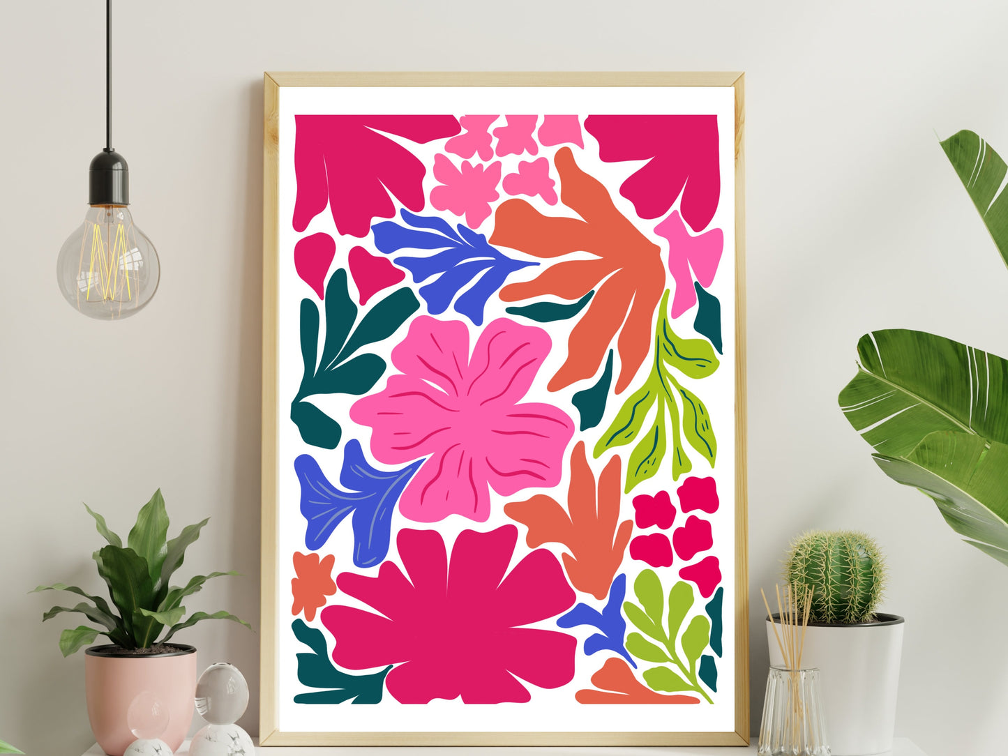 Rosy Rebellion: Vibrant Pink Floral Explosion, Maximalist Boho Wall Art