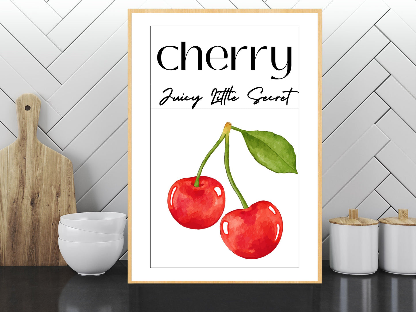 Cherry Print : Juicy Little Secret – Un art mural minimaliste et esthétique, affiche pour décoration de cuisine, embrassant la douceur des tendances estivales