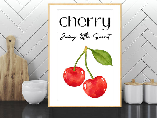 Cherry Print : Juicy Little Secret – Un art mural minimaliste et esthétique, affiche pour décoration de cuisine, embrassant la douceur des tendances estivales