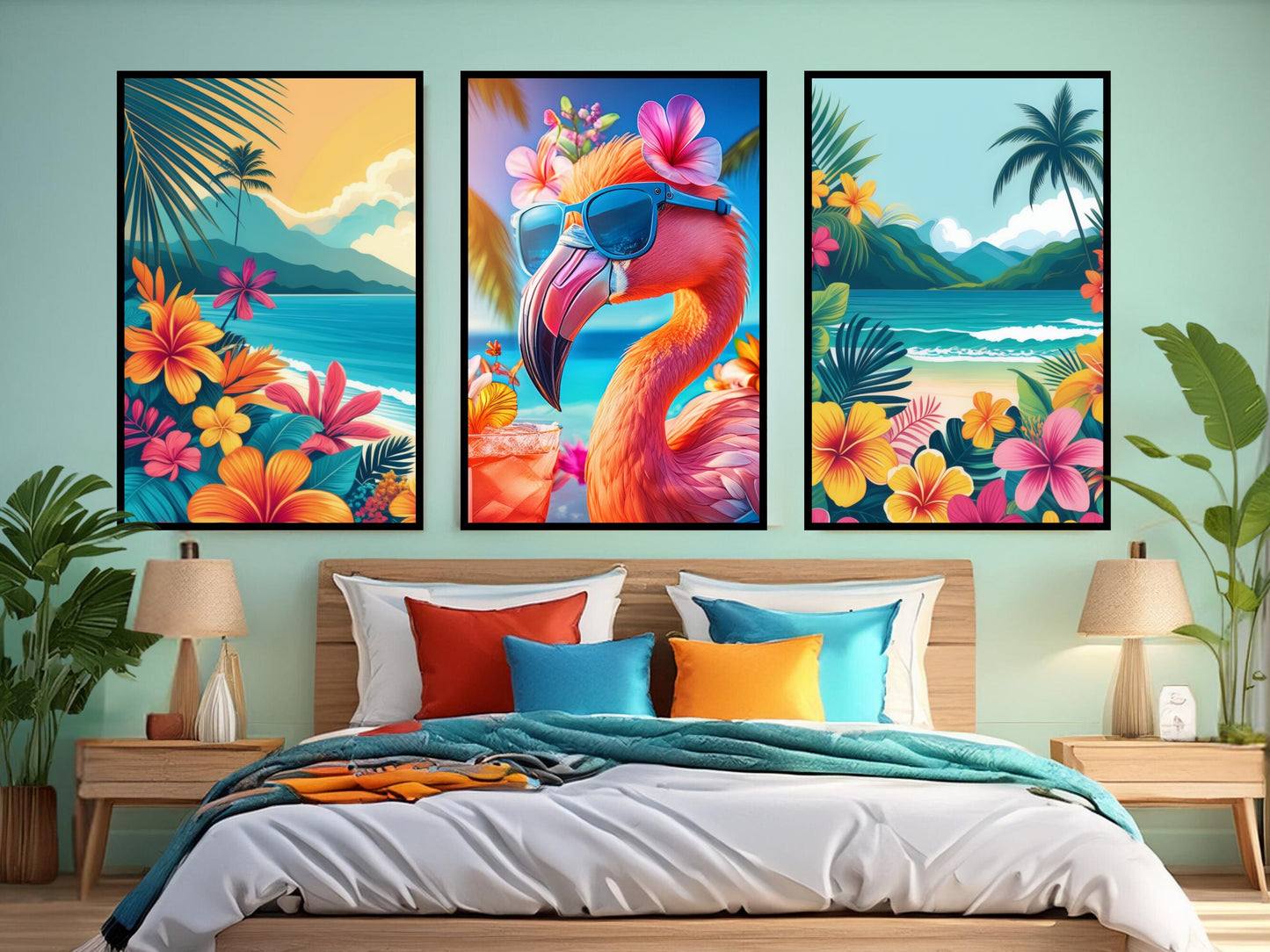 Tropical Flamingo Wall Art, Cool Flamingo Art Prints, Beach Decor Set of 3 Printable Art