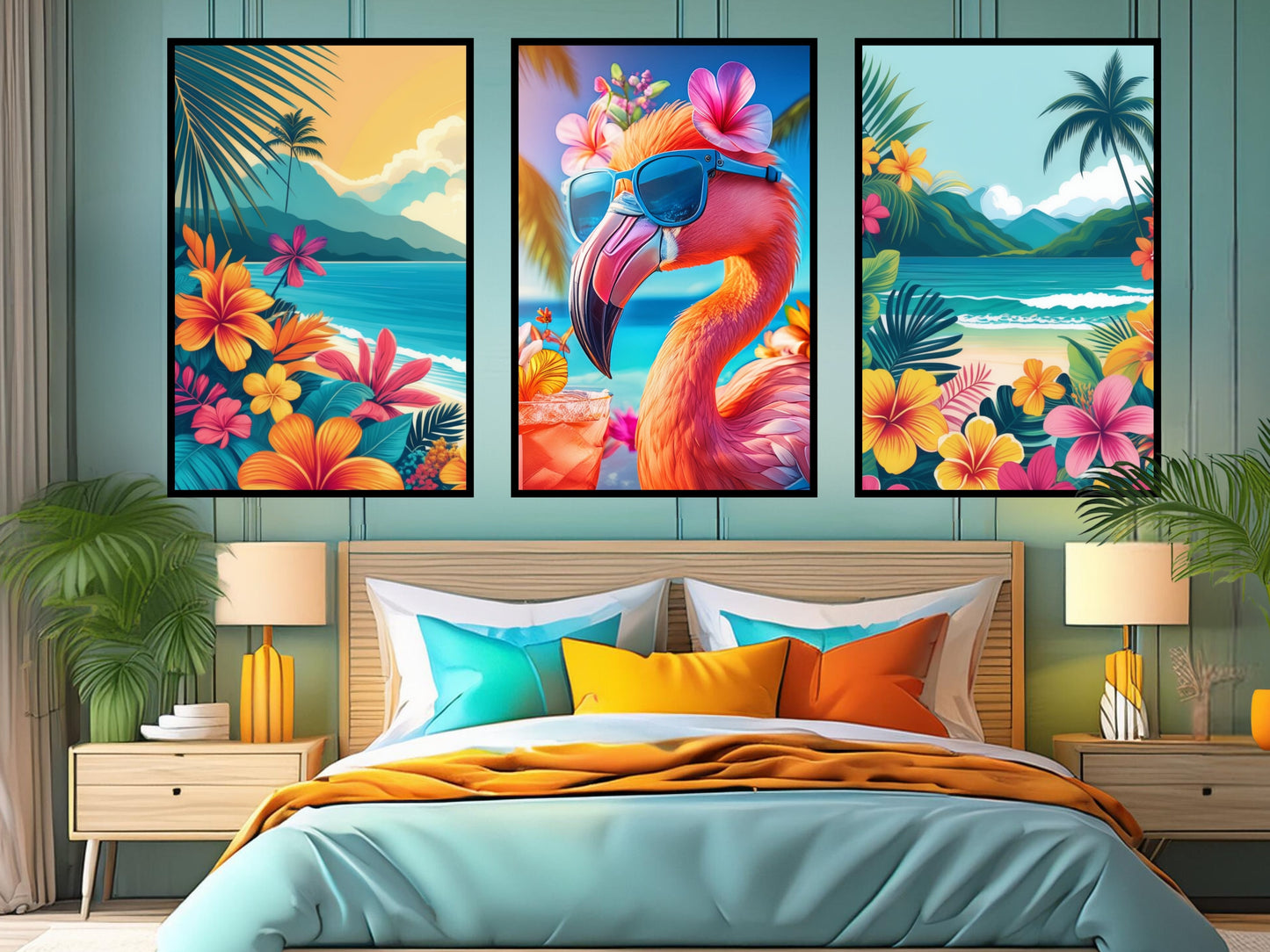 Tropical Flamingo Wall Art, Cool Flamingo Art Prints, Beach Decor Set of 3 Printable Art