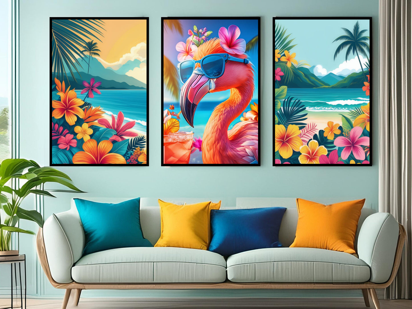 Tropical Flamingo Wall Art, Cool Flamingo Art Prints, Beach Decor Set of 3 Printable Art