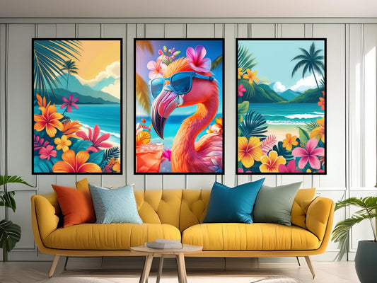 Tropical Flamingo Wall Art, Cool Flamingo Art Prints, Beach Decor Set, Vibrant Animal flowers Art, Téléchargement numérique, Ensemble de 3 Art imprimable