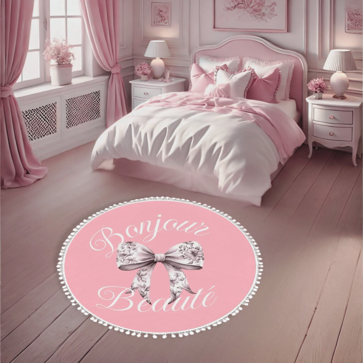 Coquette Bow Round Rug with Pom-Poms – Soft Pink Aesthetic Carpet for Girls Room