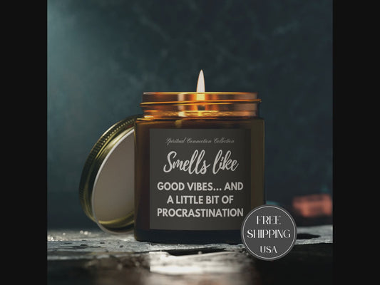 Smells Like  Good Vibes Scented Candle, Funny Spiritual Candles, Procrastination Humor Gift, Humorous quote text, Fun Unique amber container