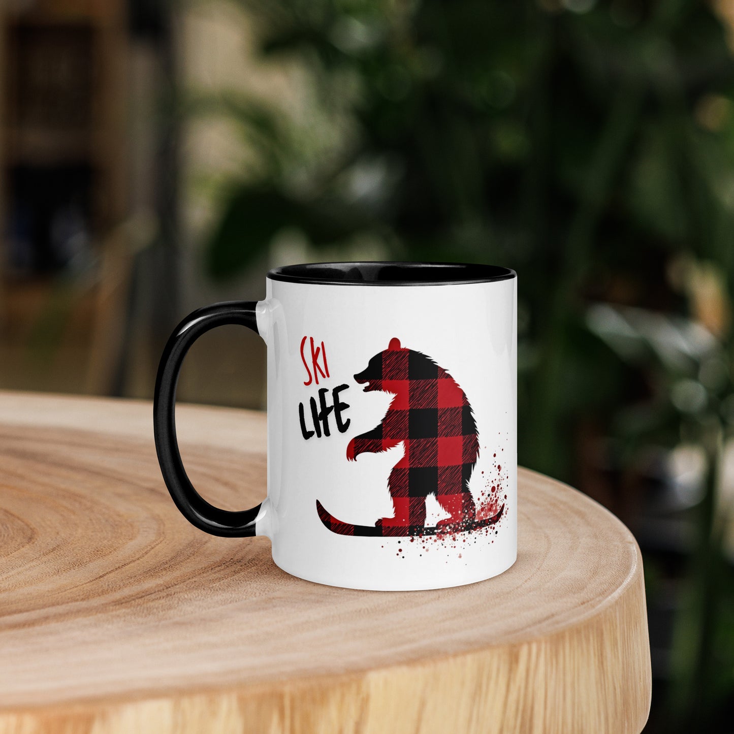 Ski Life Mug Bear Skiing in Red & Black Plaid Lumberjack Style