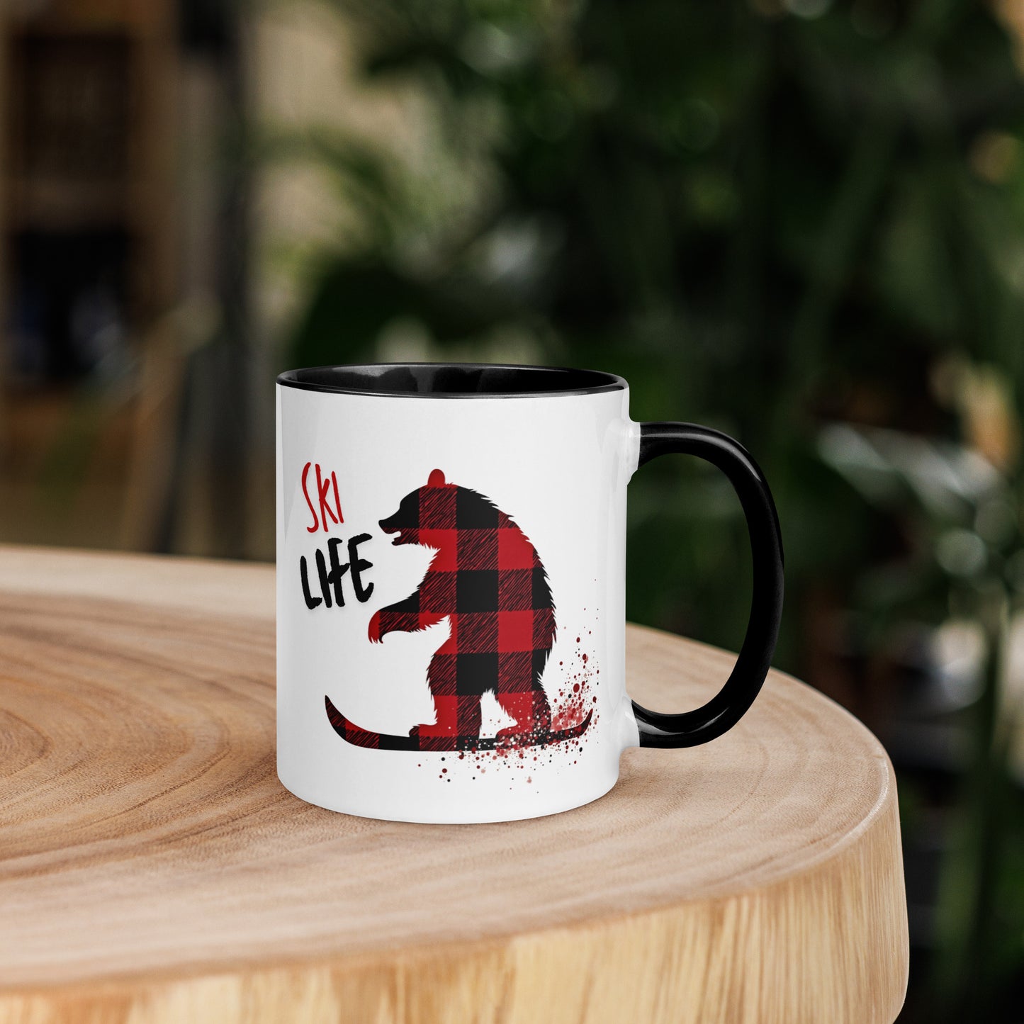 Ski Life Mug Bear Skiing in Red & Black Plaid Lumberjack Style