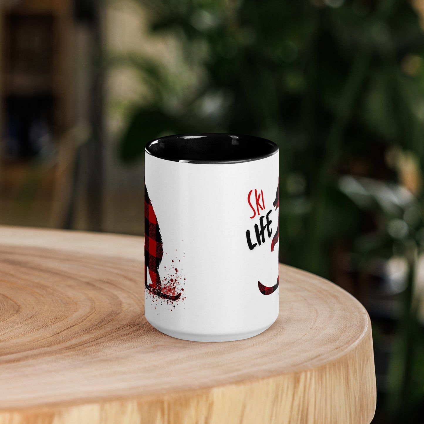 Ski Life Mug Bear Skiing in Red & Black Plaid Lumberjack Style