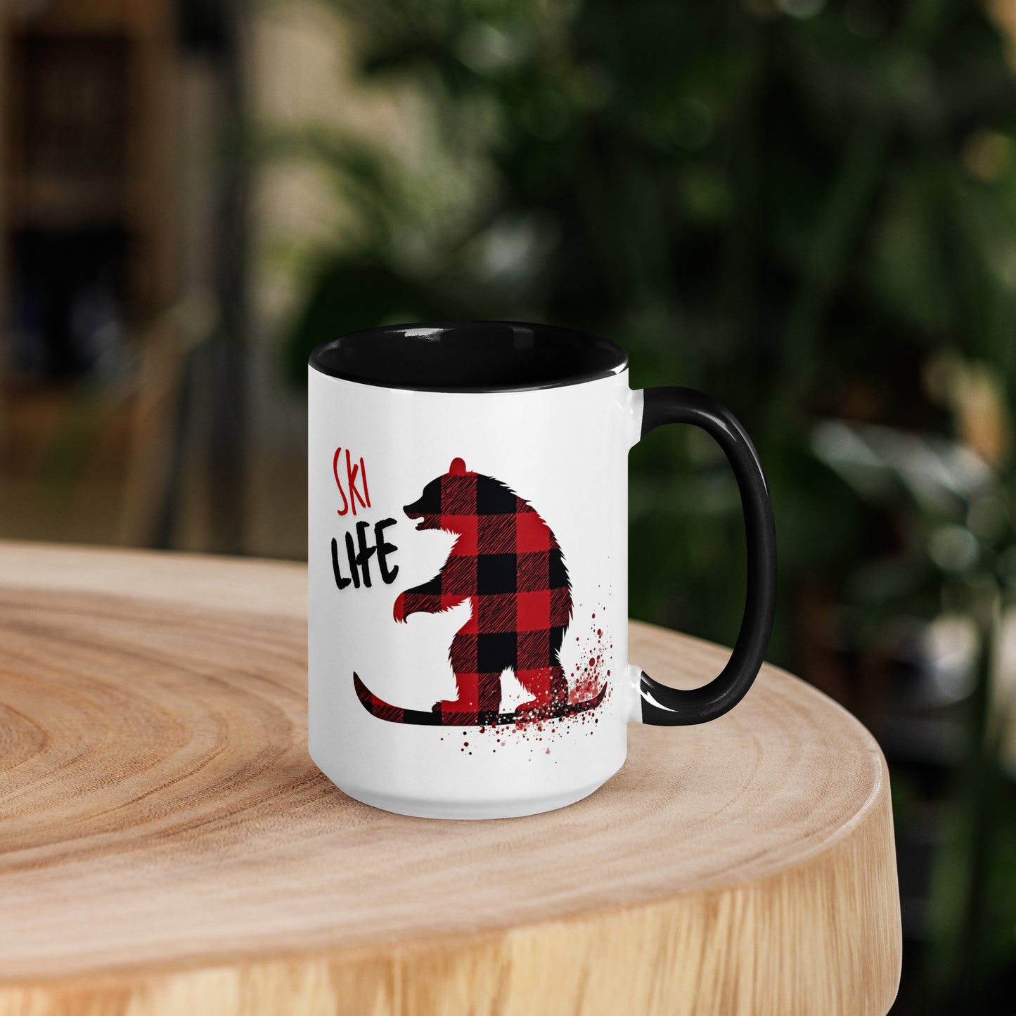 Ski Life Mug Bear Skiing in Red & Black Plaid Lumberjack Style