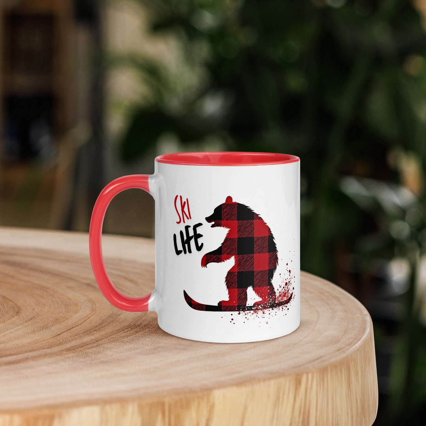 Ski Life Mug Bear Skiing in Red & Black Plaid Lumberjack Style