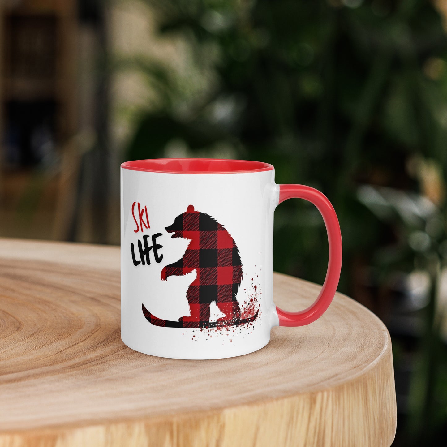 Ski Life Mug Bear Skiing in Red & Black Plaid Lumberjack Style