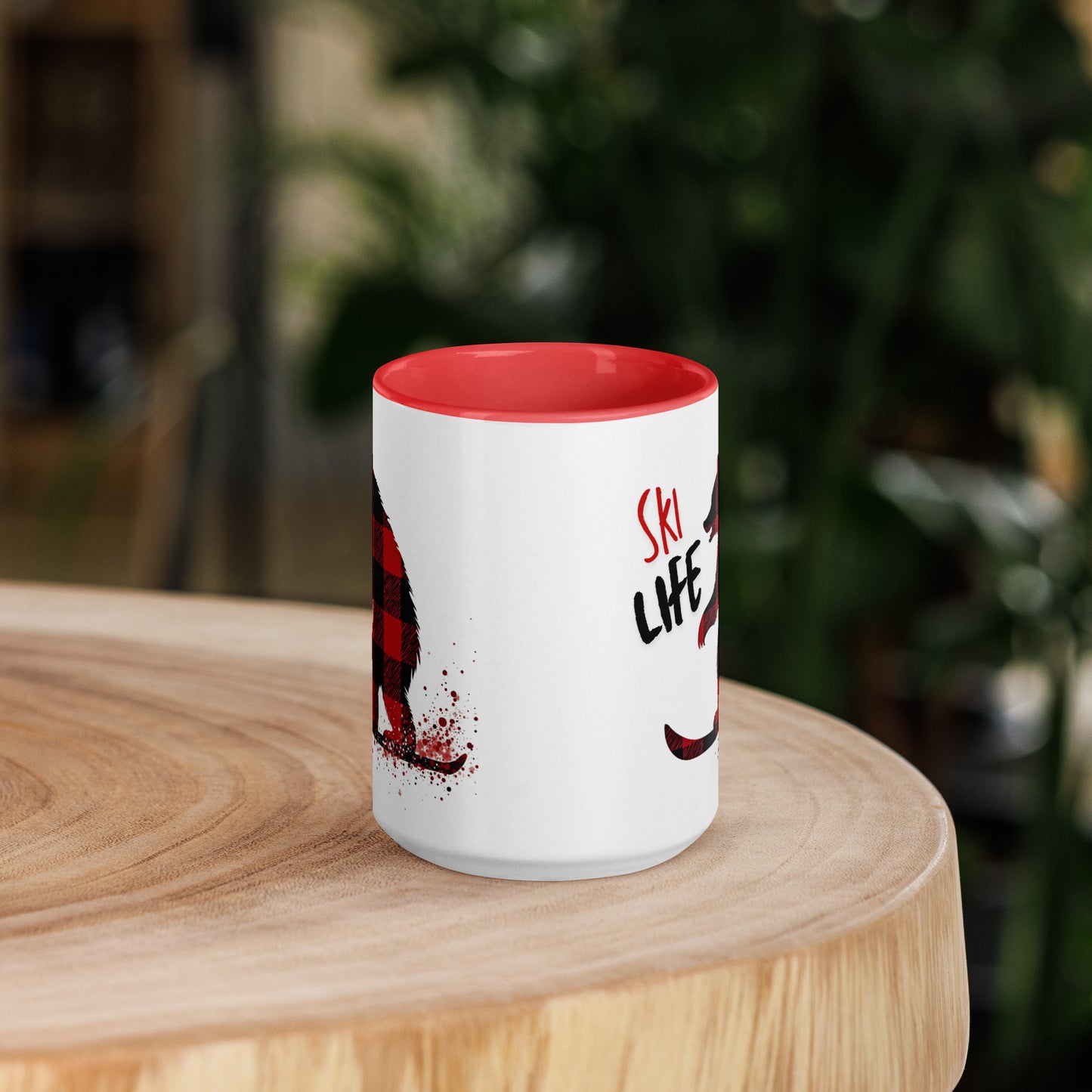 Ski Life Mug Bear Skiing in Red & Black Plaid Lumberjack Style